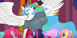 Size: 1768x875 | Tagged: safe, alternate version, artist:atariboy2600, imported from derpibooru, fluttershy, pinkie pie, princess celestia, twilight sparkle, alicorn, anthro, earth pony, pegasus, comic:my little toyetic, alcohol, baseball cap, beer, beer bottle, big breasts, bottle, breasts, busty princess celestia, cap, clothes, comic, drinking, drunk, drunklestia, eyes closed, female, hat, huge breasts, indoors, maga hat, make equestria great again, spread wings, textless version, twilight sparkle (alicorn), wings