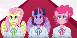 Size: 1768x875 | Tagged: safe, alternate version, artist:atariboy2600, imported from derpibooru, fluttershy, pinkie pie, twilight sparkle, alicorn, anthro, earth pony, pegasus, comic:my little toyetic, burp, clothes, comic, female, horn, indoors, looking up, smiling, spread wings, textless version, twilight sparkle (alicorn), wings