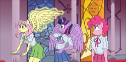 Size: 1768x875 | Tagged: safe, alternate version, artist:atariboy2600, imported from derpibooru, fluttershy, pinkie pie, twilight sparkle, alicorn, anthro, earth pony, pegasus, comic:my little toyetic, :p, amputation, clothes, comic, detachable wings, female, horn, indoors, magic, modular, skirt, surprised, telekinesis, textless version, tongue out, twilight sparkle (alicorn), wide eyes