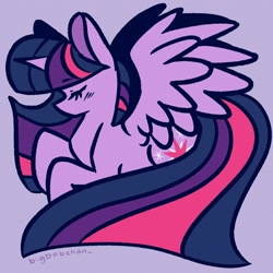 Size: 2000x2000 | Tagged: safe, artist:bigbobchan_, imported from derpibooru, twilight sparkle, alicorn, pony, eyes closed, female, high res, mare, profile, purple background, simple background, solo, spread wings, twilight sparkle (alicorn), wings