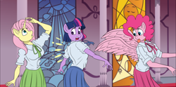 Size: 1768x875 | Tagged: safe, alternate version, artist:atariboy2600, imported from derpibooru, fluttershy, pinkie pie, anthro, earth pony, pegasus, comic:my little toyetic, :p, amputation, clothes, comic, earth pony twilight, female, horn, indoors, looking back, looking up, missing horn, modular, open mouth, pegasus pinkie pie, race swap, skirt, smiling, species swap, surprised, textless version, tongue out, unicorn fluttershy, wide eyes, wingless