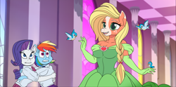 Size: 1768x875 | Tagged: safe, alternate version, artist:atariboy2600, imported from derpibooru, applejack, rainbow dash, rarity, anthro, bird, earth pony, pegasus, unicorn, comic:my little toyetic, spoiler:g5, alternate hairstyle, applejack (g5 concept leak), applejack (g5), breasts, busty applejack, clothes, comic, dress, evening gloves, female, freckles, g5, g5 concept leak style, g5 concept leaks, gloves, hug, indoors, jesus christ how horrifying, lip bite, long gloves, open mouth, scared, textless version, tomboy taming, transformation