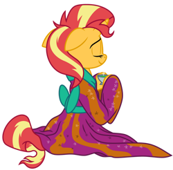 Size: 1024x1006 | Tagged: safe, artist:emeraldblast63, artist:tsitra360, artist:vest, imported from derpibooru, sunset shimmer, pony, unicorn, clothes, cup, cute, floppy ears, food, kimono (clothing), redraw, show accurate, simple background, sitting, solo, tea, transparent background