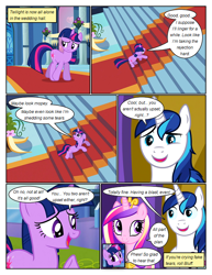 Size: 612x792 | Tagged: safe, artist:newbiespud, edit, edited screencap, imported from derpibooru, screencap, princess cadance, shining armor, twilight sparkle, alicorn, pony, unicorn, comic:friendship is dragons, a canterlot wedding, comic, dialogue, eyelashes, female, jewelry, male, mare, open mouth, peytral, raised hoof, screencap comic, smiling, stallion, tiara, unicorn twilight