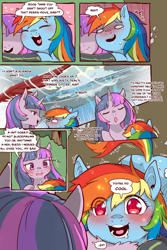 Size: 960x1440 | Tagged: safe, artist:cold-blooded-twilight, imported from derpibooru, rainbow dash, twilight sparkle, pegasus, unicorn, cold blooded twilight, comic:cold storm, adorkable, blushing, blushing profusely, clothes, comic, cute, dashabetes, dialogue, dock, dork, drool, embarrassed, eyes closed, flustered, glowing eyes, happy, heart, hug, leggings, looking at each other, looking up, lore, raised tail, shivering, tail, unicorn twilight