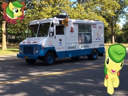 Size: 3264x2448 | Tagged: safe, artist:topsangtheman, apple fritter, earth pony, pony, apple family member, augmented reality, gameloft, ice cream truck, irl, looking at you, photo, ponies in real life, solo