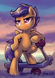 Size: 1125x1567 | Tagged: safe, artist:kp-shadowsquirrel, edit, scootaloo, pegasus, pony, bipedal, bipedal leaning, cool, cropped, hoof on hip, leaning, lidded eyes, scooter, solo