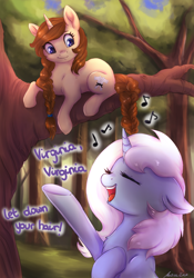 Size: 3500x5000 | Tagged: safe, artist:buttersprinkle, imported from derpibooru, oc, oc only, oc:eula phi, oc:virginia, pony, unicorn, braid, braided tail, branches, commission, duo, duo female, female, horn, music notes, rapunzel, signature, singing, sitting in a tree, smiling, text, tree, tree branch, unicorn oc