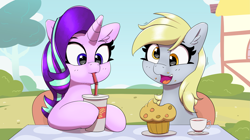 Size: 4453x2500 | Tagged: safe, artist:pabbley, imported from derpibooru, derpy hooves, starlight glimmer, pegasus, pony, unicorn, cup, cute, day, derpabetes, duo, eating, food, friendshipping, glimmerbetes, happy, herbivore, high res, muffin, ponyville, sitting, table, talking, teacup, that pony sure does love muffins