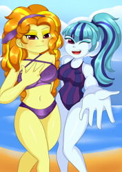 Size: 1240x1748 | Tagged: safe, artist:hwers, imported from derpibooru, adagio dazzle, sonata dusk, equestria girls, beach, belly button, bikini, blushing, clothes, cute, female, happy, ocean, one eye closed, one-piece swimsuit, open mouth, ponytail, swimsuit