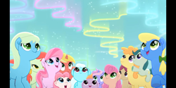 Size: 2160x1080 | Tagged: safe, imported from derpibooru, screencap, apple juice (character), apple juice (g4), cardinal rose, cherry lemonade, confetti party, guiding heart, meadow bloom, oak sprout, spring sprout, stargazer (character), thistle rain, tulip bulb, tulip rose, earth pony, pegasus, pony, unicorn, rainbow roadtrip, background pony, celebrating, cloud cover, female, filly, happy, male, mare, photo, ponies riding ponies, riding, stallion, stargazer, unnamed character, unnamed pony