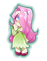 Size: 615x800 | Tagged: safe, artist:wedjat_art, imported from derpibooru, fluttershy, human, breasts, cleavage, clothes, cute, digital art, dress, female, hair over one eye, heart eyes, humanized, shyabetes, simple background, solo, transparent background, vector, wingding eyes