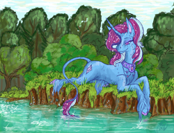 Size: 1300x1000 | Tagged: safe, artist:lanku, imported from derpibooru, oc, oc only, oc:diamond gem, classical unicorn, pony, unicorn, cloven hooves, day, forest, leonine tail, lying down, solo, tree, unshorn fetlocks, water