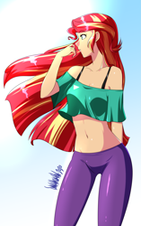 Size: 2989x4750 | Tagged: safe, artist:danmakuman, imported from derpibooru, sunset shimmer, equestria girls, belly button, bra, bra strap, breasts, cleavage, clothes, female, high res, leggings, midriff, short shirt, solo, tights, underwear, windswept hair