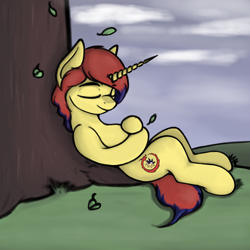 Size: 4000x4000 | Tagged: safe, artist:leo the pone, imported from derpibooru, oc, oc only, oc:sunrise moonshadow, pony, unicorn, cloud, eyes closed, leaves, scenery, sleeping, solo, tree