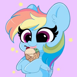 Size: 2048x2048 | Tagged: safe, artist:kittyrosie, imported from derpibooru, rainbow dash, pegasus, pony, cute, dashabetes, ear fluff, female, food, high res, ice cream, licking, mare, purple background, simple background, solo, stars, tongue out, waffle cone