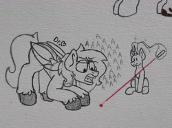 Size: 2013x1499 | Tagged: safe, artist:drheartdoodles, imported from derpibooru, oc, oc:dr.heart, clydesdale, pegasus, pony, unicorn, angry, background pony, behaving like a cat, laser pointer, magic, size difference, traditional art, yelling