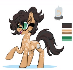 Size: 1302x1248 | Tagged: safe, artist:jen-neigh, imported from derpibooru, oc, oc only, oc:nixie tube, earth pony, pony, coat markings, cute, cute little fangs, dappled, fangs, female, glasses, half bat pony, mare, raised leg, reference sheet, solo