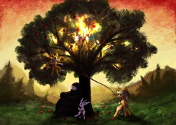 Size: 1654x1169 | Tagged: safe, artist:calena, imported from derpibooru, applejack, apple, apple tree, crossover, crossover shipping, dust: an elysian tail, fidget, food, lens flare, naru, nimbat, ori and the blind forest, shipping, sun, tree