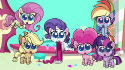 Size: 1920x1080 | Tagged: safe, imported from derpibooru, screencap, applejack, fluttershy, pinkie pie, rainbow dash, rarity, twilight sparkle, pony, director spike's mockumentary, my little pony: pony life, spoiler:pony life s01e36, big eyes, dilated pupils, female, g4.5, gem, jaw drop, looking at you, tongue out