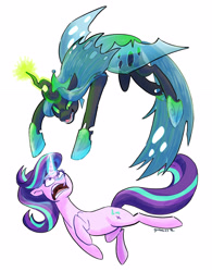 Size: 2480x3185 | Tagged: safe, artist:gintoki23, imported from derpibooru, queen chrysalis, starlight glimmer, changeling, changeling queen, pony, unicorn, the ending of the end, angry, determined, duo, female, fight, glare, glowing horn, high res, horn, magic, open mouth, smiling, smirk, starlight vs chrysalis, ultimate chrysalis