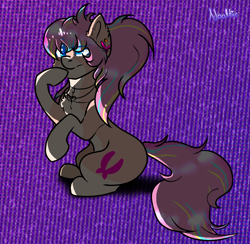 Size: 1118x1090 | Tagged: safe, artist:naaltive, imported from derpibooru, oc, oc only, oc:bijou butterfly, earth pony, pony, chest fluff, coat markings, ear piercing, earring, female, gradient background, jewelry, multicolored mane, multicolored tail, pale belly, piercing, raised eyebrow, socks (coat marking), socks (coat markings), solo, thinking