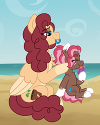 Size: 1730x2160 | Tagged: safe, artist:pink-pone, imported from derpibooru, oc, oc:ginger bread, oc:heather, pony, beach, female, filly, food, mare, popsicle