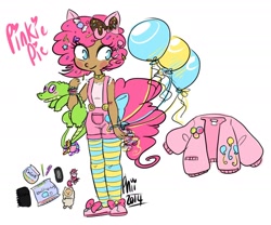 Size: 1280x1063 | Tagged: source needed, safe, artist:plumsweet, imported from derpibooru, gummy, pinkie pie, alligator, human, balloon, bow, bracelet, candy, cellphone, choker, clothes, cute, dark skin, eared humanization, fashion, food, hairclip, humanized, jacket, jewelry, necklace, overalls, pen, pencil, pet, phone, shoes, socks, striped socks, suspenders, tailed humanization, tanktop