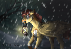 Size: 960x664 | Tagged: safe, artist:marinavermilion, imported from derpibooru, oc, oc only, pegasus, pony, chest fluff, lantern, mouth hold, snow, snowfall, solo