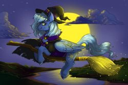 Size: 1920x1280 | Tagged: safe, artist:marinavermilion, imported from derpibooru, oc, oc only, pegasus, pony, broom, chest fluff, flying, flying broomstick, hat, moon, night, solo, witch hat