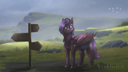 Size: 960x540 | Tagged: safe, artist:marinavermilion, imported from derpibooru, oc, oc only, oc:dawn sentry, bat pony, pony, scenery, sign, solo, watermark