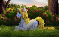 Size: 1920x1206 | Tagged: safe, artist:marinavermilion, imported from derpibooru, oc, oc only, oc:art's desire, pony, unicorn, flower, flower in hair, rose, solo