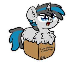 Size: 3250x2688 | Tagged: safe, artist:kimjoman, artist:php142, imported from derpibooru, part of a set, oc, oc only, oc:solar gizmo, pony, unicorn, box, cardboard box, chest fluff, commission, cute, fluffy, if i fits i sits, male, pony in a box, simple background, solo, transparent background, ych result