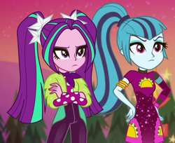 Size: 900x736 | Tagged: safe, imported from derpibooru, screencap, aria blaze, sonata dusk, equestria girls, equestria girls series, sunset's backstage pass!, spoiler:eqg series (season 2), clothes, cropped, dress, duo, female, greenbutt pants, minidress, music festival outfit, outfit catalog, pigtails, ponytail, resting bitch face, taco dress, twintails