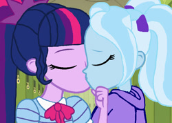 Size: 808x574 | Tagged: safe, artist:ktd1993, imported from derpibooru, sci-twi, trixie, twilight sparkle, human, equestria girls, alternate hairstyle, babysitter trixie, clothes, duo, female, hoodie, kiss on the lips, kissing, lesbian, shipping, twixie