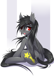 Size: 2893x4092 | Tagged: safe, artist:mirapony, imported from derpibooru, oc, oc only, oc:falling star, bat pony, pony, bat pony oc, bat wings, butt, cutie mark, digital art, female, hooves, looking at you, mare, open mouth, plot, simple background, sitting, solo, tail, wings