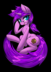 Size: 2893x4092 | Tagged: safe, alternate version, artist:mirapony, imported from derpibooru, oc, oc only, oc:silk road, pony, unicorn, black background, butt, commission, cutie mark, digital art, glasses, hooves, horn, looking at you, plot, simple background, sitting, tail, unicorn oc