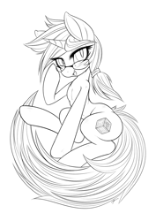 Size: 2893x4092 | Tagged: safe, alternate version, artist:mirapony, imported from derpibooru, oc, oc only, oc:silk road, pony, unicorn, butt, commission, cutie mark, digital art, glasses, hooves, horn, looking at you, monochrome, plot, simple background, sitting, tail, unicorn oc, white background