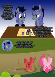 Size: 1076x1502 | Tagged: safe, artist:ladyanidraws, imported from derpibooru, pinkie pie, oc, oc:adamant, oc:pun, oc:westwood, earth pony, pony, ask pun, ask, earth pony oc, horses doing horse things, implied changeling, rolling