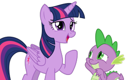 Size: 3372x2138 | Tagged: safe, artist:sketchmcreations, imported from derpibooru, spike, twilight sparkle, alicorn, dragon, hearthbreakers, arm behind head, duo, female, lidded eyes, male, mare, open mouth, raised hoof, simple background, smiling, transparent background, twilight sparkle (alicorn), vector