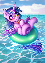 Size: 1000x1414 | Tagged: safe, artist:chaosangeldesu, imported from derpibooru, twilight sparkle, alicorn, pony, blushing, cute, drinking, ear fluff, female, floaty, heart eyes, inner tube, mare, solo, summer, twiabetes, twilight sparkle (alicorn), underhoof, water, weapons-grade cute, wingding eyes