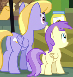 Size: 401x425 | Tagged: safe, imported from derpibooru, screencap, alula, cloud kicker, pluto, pegasus, pony, the perfect pear, butt, cropped, female, filly, food, honey, mare, offscreen character, plot