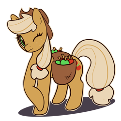 Size: 1280x1280 | Tagged: safe, artist:...macabre..., artist:1alberich1, imported from derpibooru, applejack, earth pony, pony, apple, cute, female, food, freckles, jackabetes, one eye closed, simple background, solo, transparent background, wink