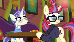 Size: 1280x720 | Tagged: safe, imported from derpibooru, screencap, first folio, moondancer, pony, unicorn, the point of no return, clothes, duo, female, glasses, mare, sweater, table