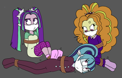 Size: 2580x1664 | Tagged: safe, artist:bugssonicx, imported from derpibooru, adagio dazzle, aria blaze, sonata dusk, equestria girls, ariasub, bondage, bound and gagged, buttons, cloth gag, clothes, commission, concerned, cross-popping veins, cute, disguise, disguised siren, female, femsub, footed sleeper, footie pajamas, gag, headband, irritated, onesie, otn gag, over the nose gag, pajamas, pants, pigtails, rope, rope bondage, shirt, siblings, sisters, socks, sonatabetes, sonatasub, subdagio, submissive, t-shirt, the dazzlings, tied up, trio, trio female, twintails