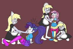 Size: 2581x1736 | Tagged: safe, artist:bugssonicx, imported from derpibooru, derpy hooves, rarity, sweetie belle, equestria girls, bondage, bound and gagged, clone, clones, cloth gag, clothes, clothes swap, commission, cute, emanata, evil derpy, evil grin, female, femsub, french maid, gag, grin, headband, help us, irritated, jacket, leggings, maid, makes just as much sense in context, multeity, music festival outfit, ponytail, rarisub, rope, rope bondage, scared, siblings, sisters, smiling, socks, stocking feet, stuffed gag, subdorable, submissive, sweetiesub, tied up, triality