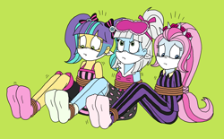 Size: 2676x1664 | Tagged: safe, artist:bugssonicx, imported from derpibooru, photo finish, pixel pizazz, violet blurr, equestria girls, bare arms, bondage, bound and gagged, cloth gag, clothes, commission, cute, female, gag, headband, help us, irritated, kidnapped, legs, looking up, nightgown, nightshirt, otn gag, over the nose gag, pajamas, pants, pigtails, ponytail, rope, rope bondage, scared, sleep mask, socks, tied up, trio, twintails