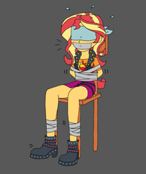 Size: 1333x1597 | Tagged: safe, artist:bugssonicx, imported from derpibooru, sunset shimmer, equestria girls, ankle boots, blindfold, blindfolded, bondage, boots, bound and gagged, chair, clothes, cute, cutie mark, cutie mark on clothes, duct tape, female, femsub, gag, jacket, kidnapped, legs, literal metaphor, sensory deprivation, shirt, shoes, sitting, skirt, solo, struggling, subdorable, submissive, subset, tape, tape bondage, tape gag, tied to chair, tied up