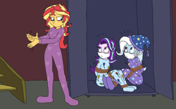 Size: 1746x1083 | Tagged: safe, artist:bugssonicx, imported from derpibooru, starlight glimmer, sunset shimmer, trixie, equestria girls, annoyed, bags under eyes, bed hair, bondage, bound and gagged, cloth gag, clothes, commission, female, femsub, footed sleeper, footie pajamas, gag, hat, help us, irritated, kite, looking up, messy hair, nightcap, not in the mood, onesie, otn gag, over the nose gag, pajamas, pattern, rope, rope bondage, staircase, starlight glimmer is not amused, starlight is not amused, struggling, sublight glimmer, submissive, sunset shimmer is not amused, sunset's apartment, that pony sure does love kites, the weak and powerless trixie, tied up, trio, trio female, trixie's hat, trixie's nightcap, trixsub, unamused