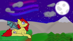 Size: 1920x1080 | Tagged: safe, artist:gamer-shy, imported from derpibooru, oc, oc:gamershy yellowstar, bat pony, aurora, blue eyes, cliff, cliffside, cloud, forest, moon, mountain, night, plushie, red hair, red mane, snowy peaks, stars, tree, yellow coat, yellow fur